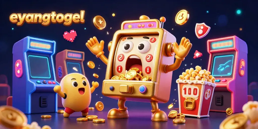 Eyangtogel showcases a lively casino scene with a golden slot machine hitting a jackpot amid cheering baby machines and colorful game elements.
