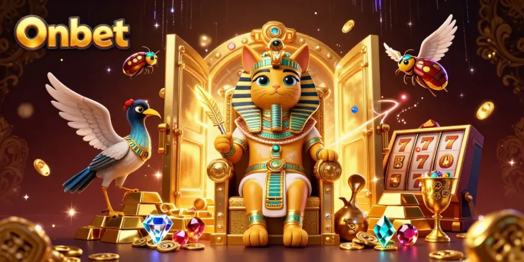 Experience Onbet: A vibrant casino scene with a pharaoh cat and treasures overflowing.