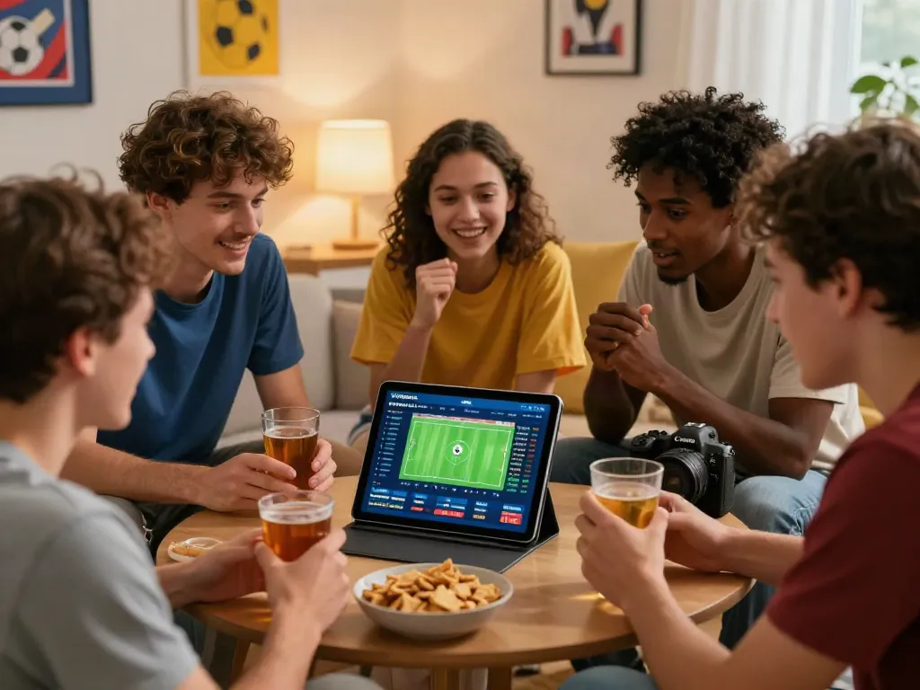 Friends engaging with WWBOLA sports betting platform in a lively living room.