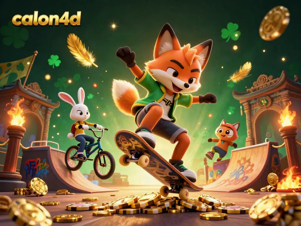 Permainan kasino online di calon4d dengan karakter kucing dan kelinci beraksi di dunia 3D yang penuh warna.