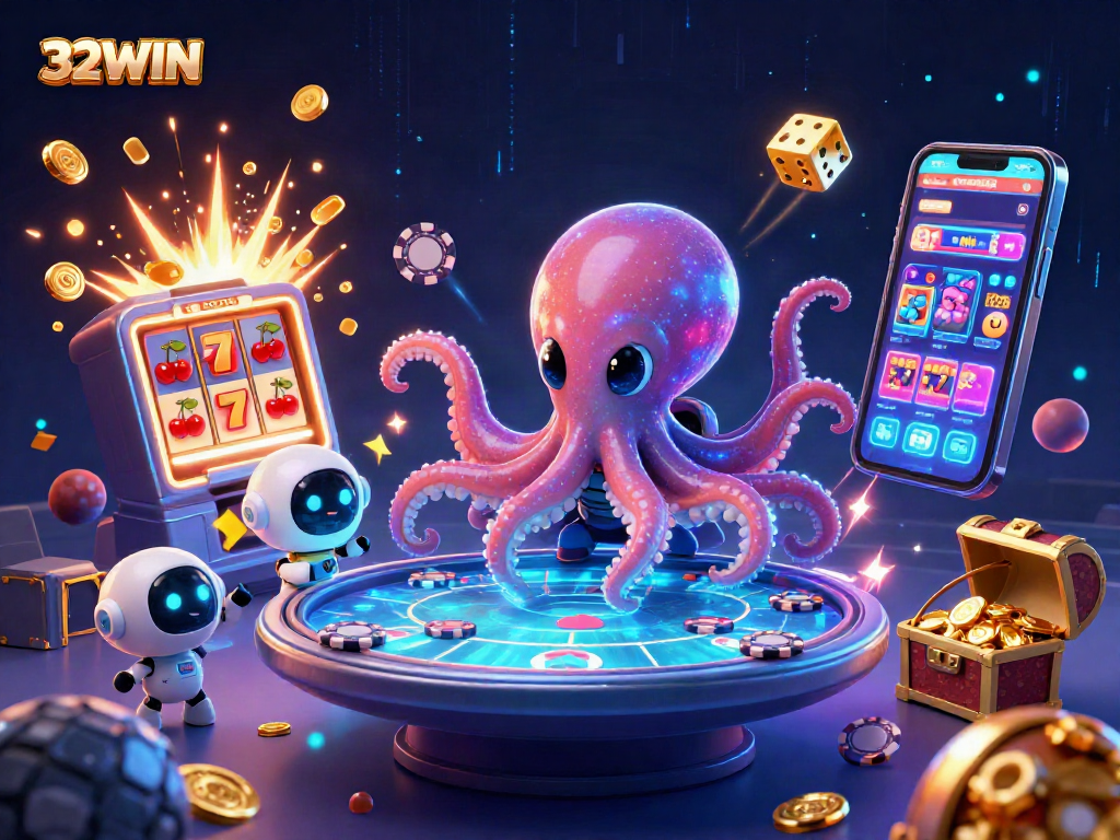 Engage with 32WIN's vibrant 3D casino scene featuring an alien octopus hosting a poker game.