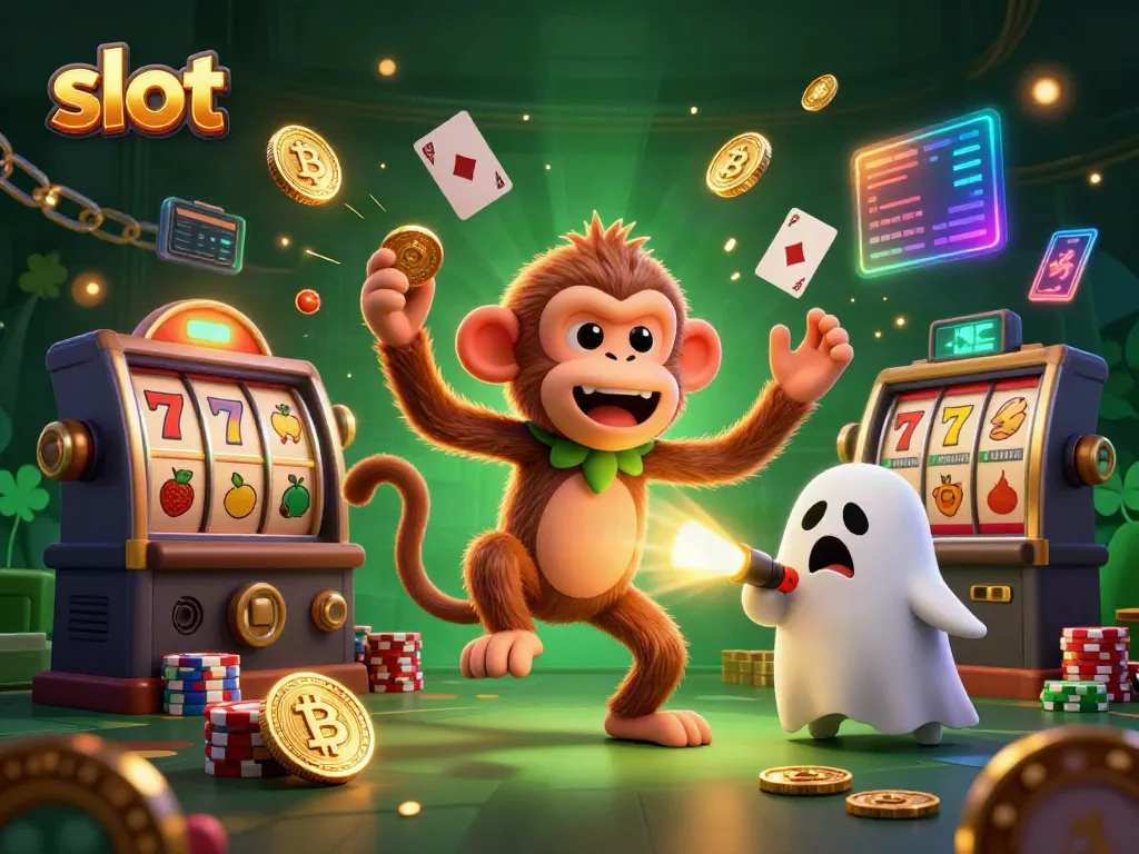 Engage in slot excitement with golden coins and lively characters in a haunted casino.