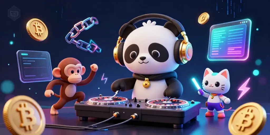 Engage with TapTap's vibrant casino scene featuring a DJ panda, a breakdancing monkey, and a rave kitten amidst glowing crypto coins.