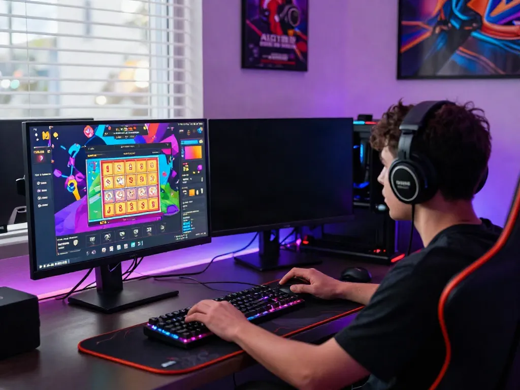 Engaging gaming setup showcasing situs hargatoto online gaming experience with vibrant visuals and immersive atmosphere.