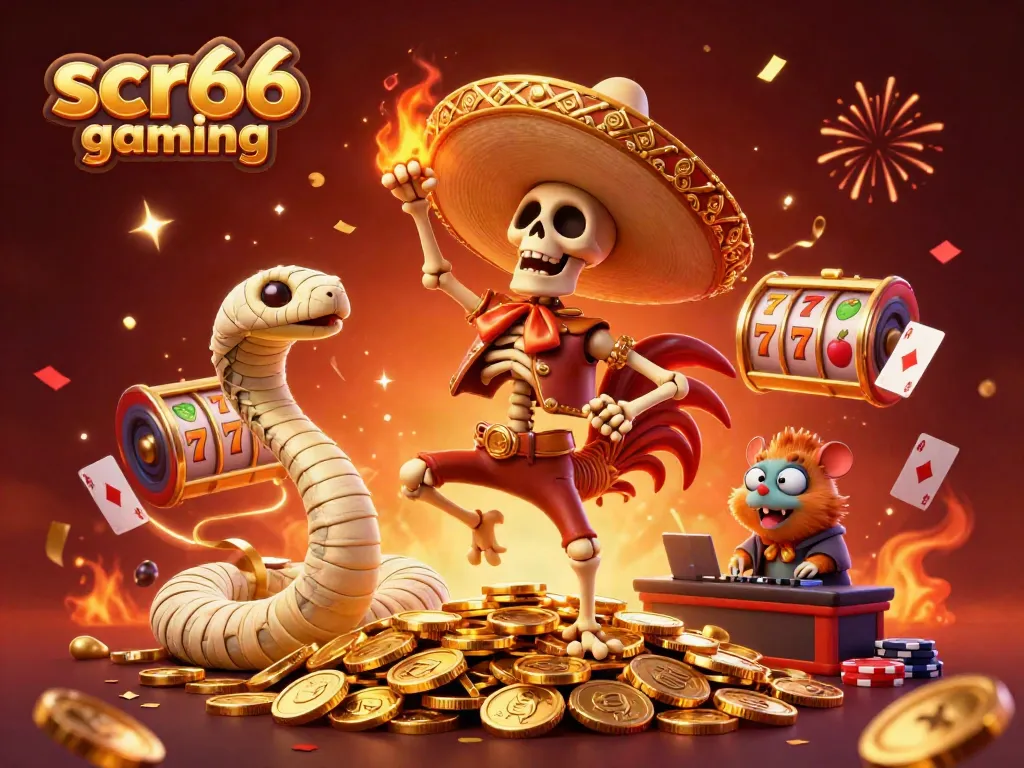 Experience the excitement of scr66 gaming with vibrant characters celebrating amidst a casino scene.