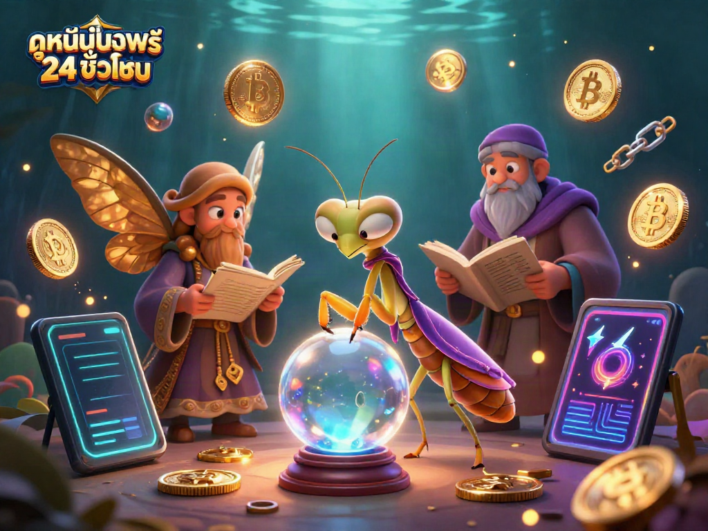 Experience ดูหนังออนไลน์ฟรี 24 ชั่วโมง with a vibrant scene featuring fortune teller characters amidst glowing digital elements.