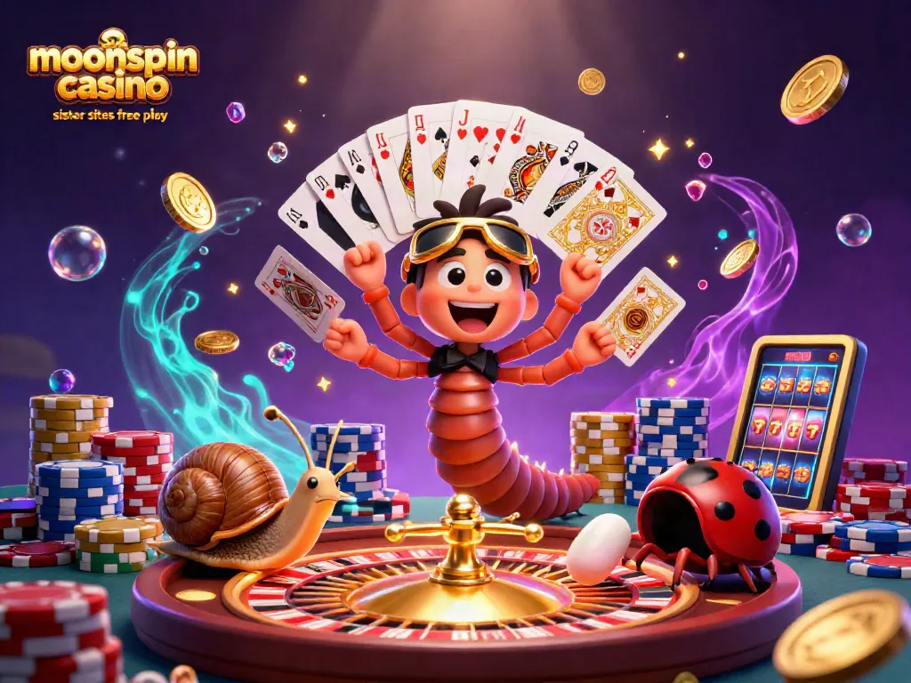 Experience moonspin casino sister sites free play with a colorful scene of a millipede dealer and fun casino elements.