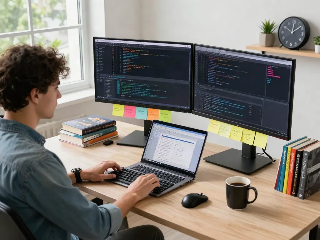 Pengembang perangkat lunak menggunakan ServerPG di ruang kerja modern dengan monitor dan buku teknis.