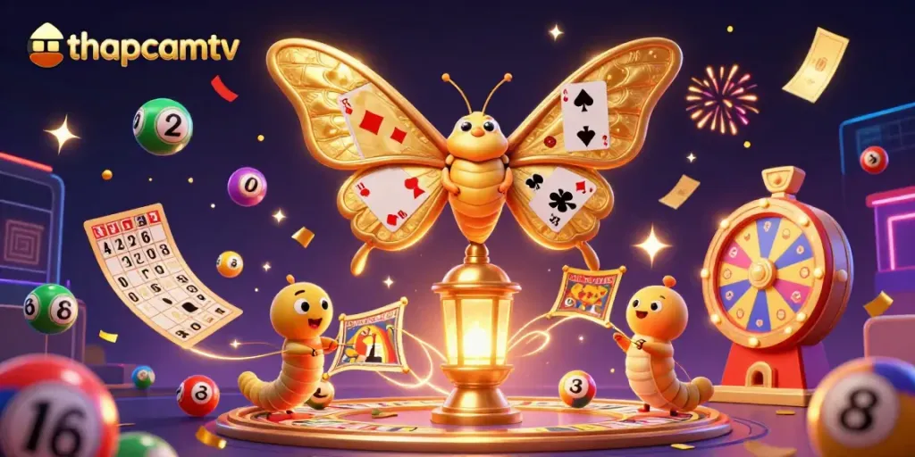Experience thapcamtv's vibrant online gambling scene with a dynamic illustration of colorful casino elements and a majestic moth.