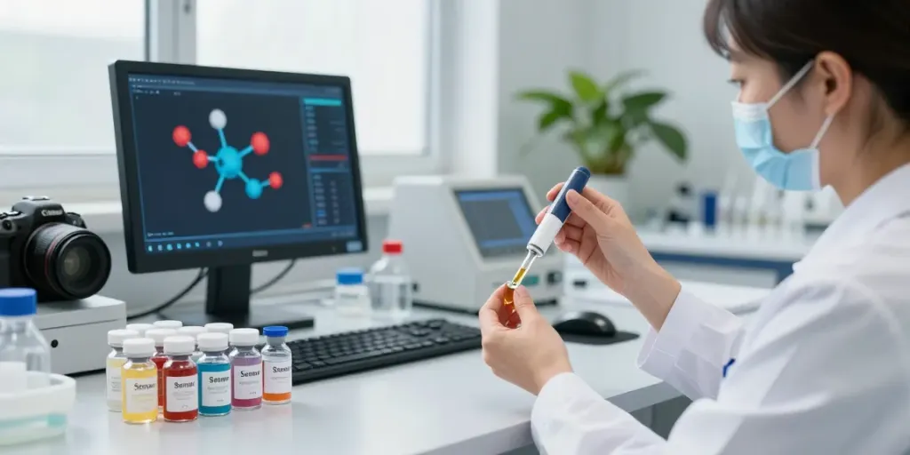 Scientist measuring Semax Selank blend in a modern lab setting.