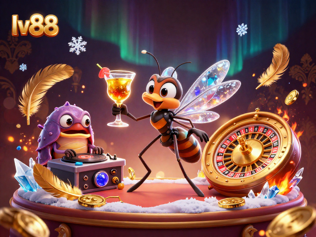 lv88 brings excitement with a frozen mosquito mascot, trilobite DJ, casino ambiance, and golden roulette wheel.