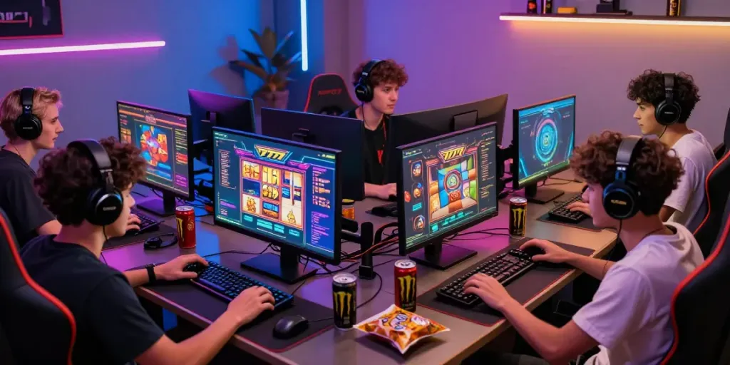 Players enjoying slot777 online games in a vibrant gaming room with dynamic lighting.