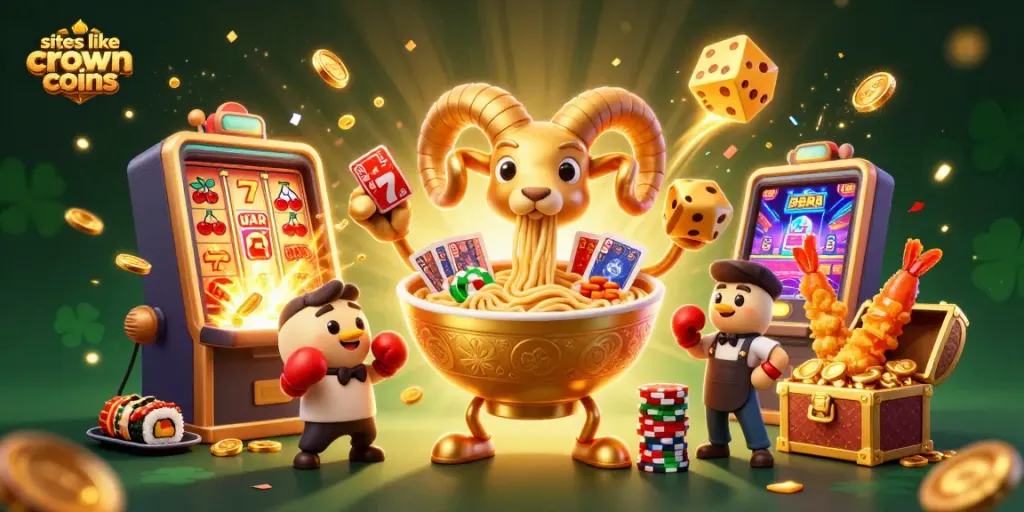 Discover exciting sites like crown coins with vibrant casino-themed illustration showcasing game elements and characters.