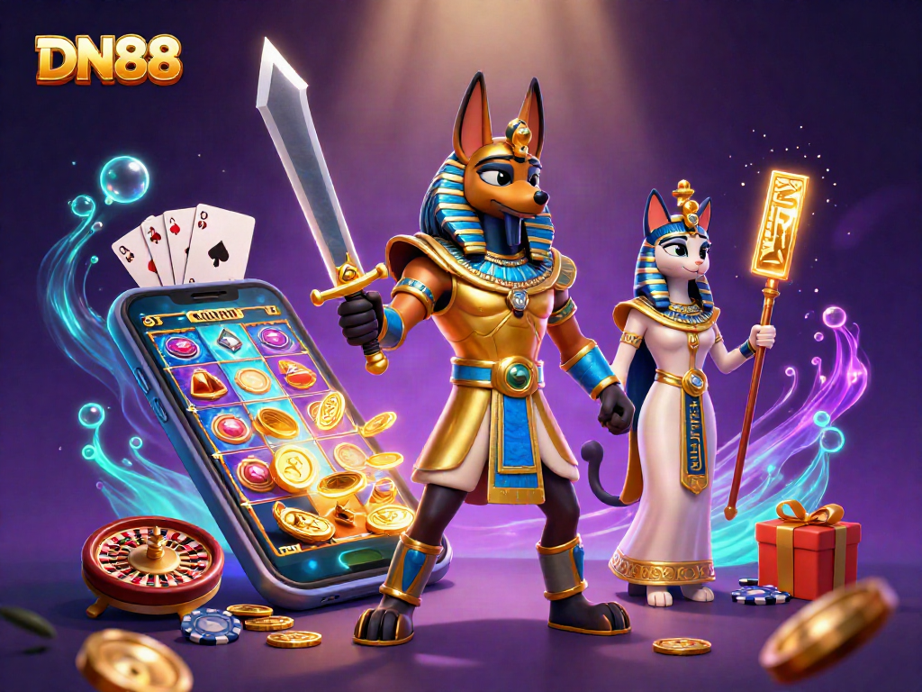 Spin to win with DN88 featuring Anubis and Bastet in a vibrant casino scene.