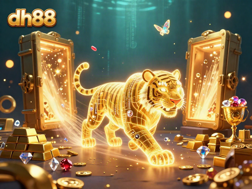 Envision dh88's exhilarating digital casino adventure with a golden tiger and treasure vaults.