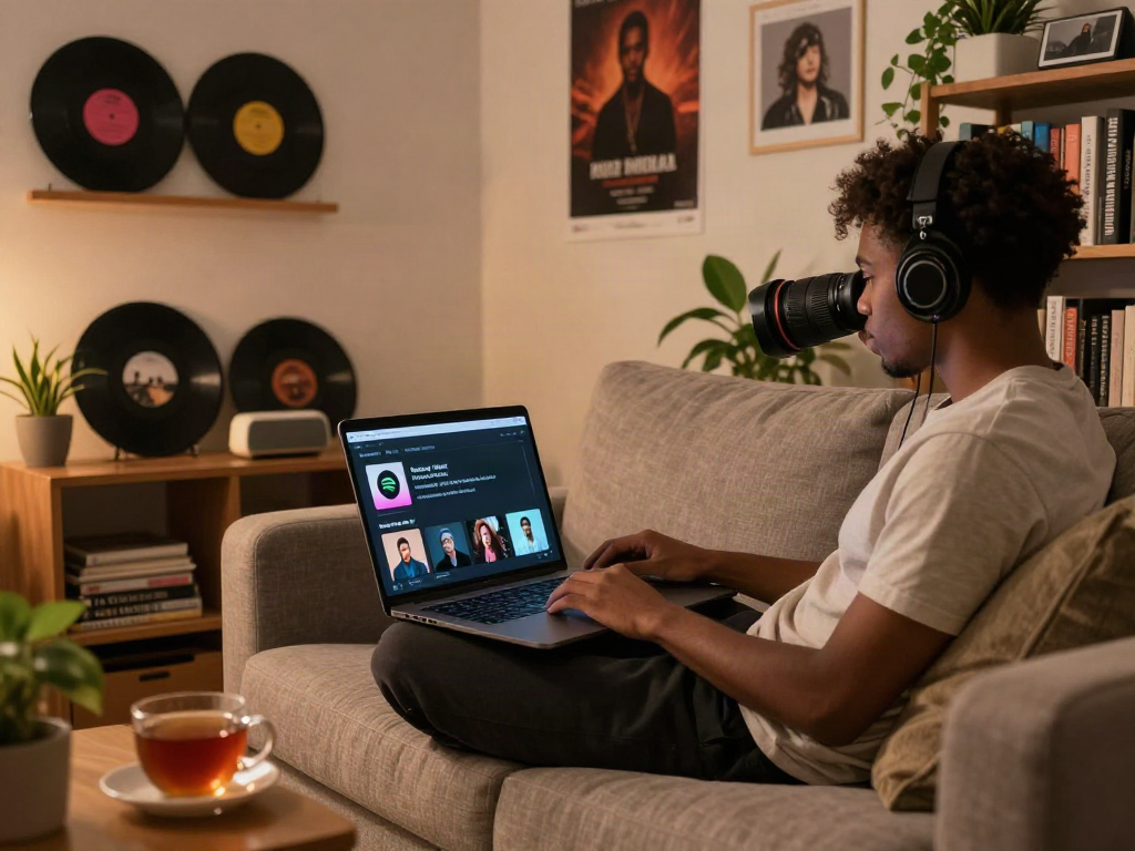 Relaxed setting where a music enthusiast explores spotify mod options on a laptop in a cozy living room with vinyl records.