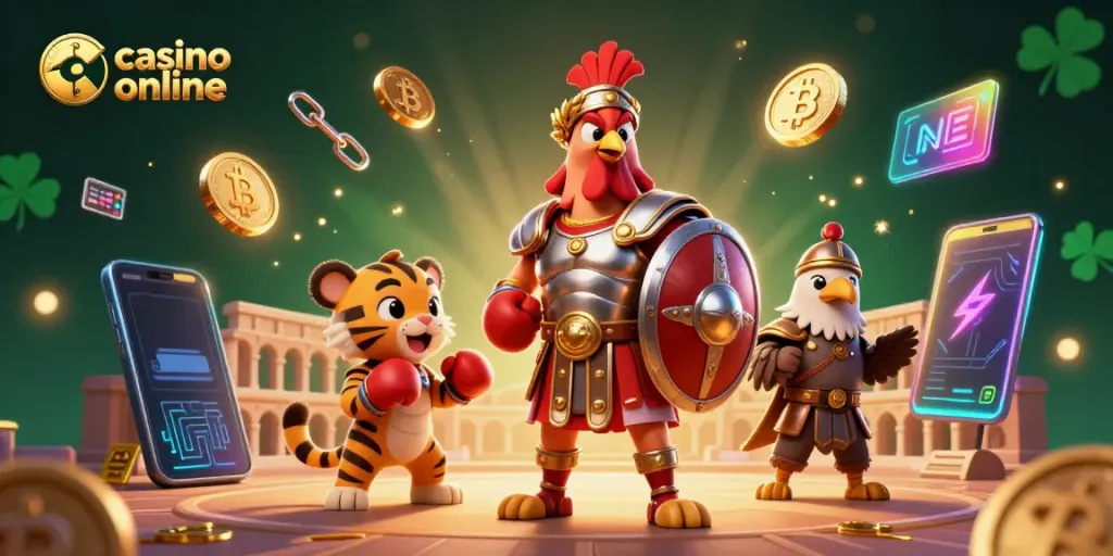 Experience thrilling casino online action with a gladiator rooster and sparring tiger in this vibrant scene