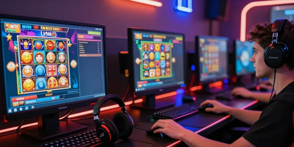 Pemain slot online di RAJALANGIT77 dengan tampilan permainan menarik dan perangkat gaming modern di ruangan yang menyala.