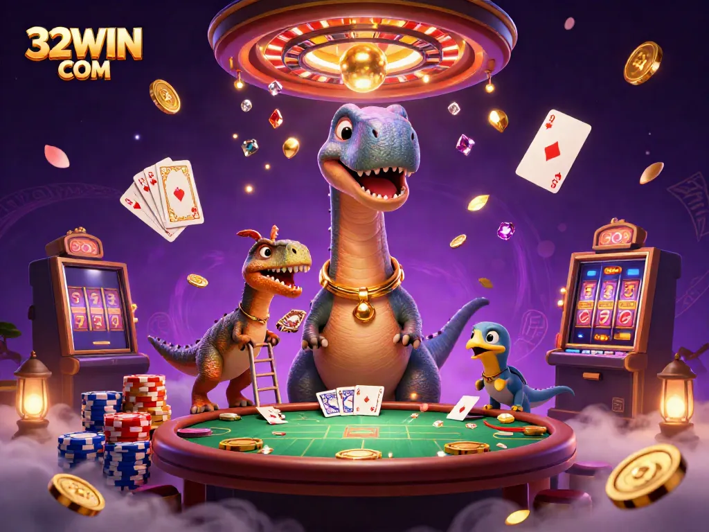 Experience excitement with 32WIN COM at a vibrant casino scene filled with 3D animated characters and dynamic game elements.