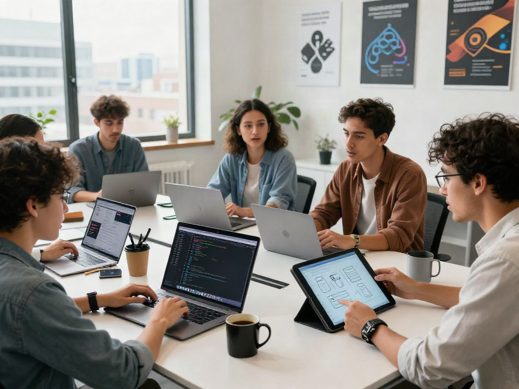 Team collaborating on a sex bot project in a modern tech workspace.