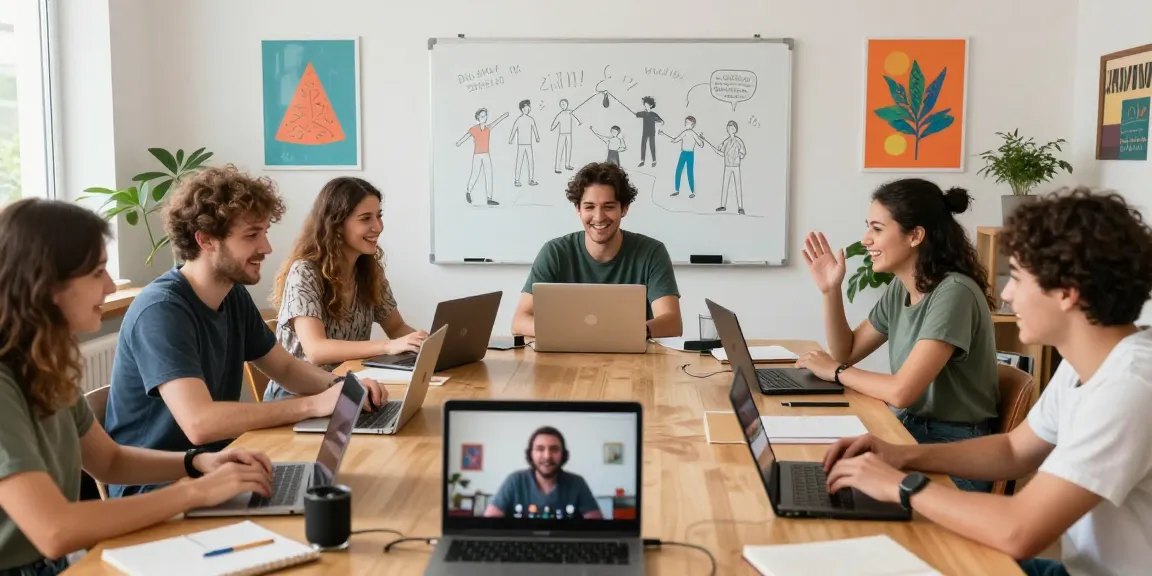Engaging online Improv for beginners workshop with diverse participants in a vibrant home office setting.