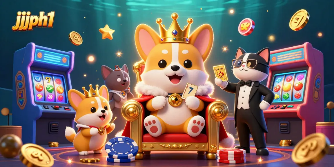 Experience jjjph1 with a royal corgi on a poker chip throne, surrounded by vibrant gaming elements.