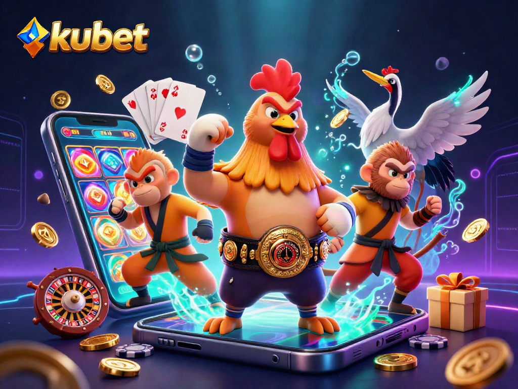 Experience the thrill of kubet with a dynamic 3D scene featuring unique casino gaming elements.