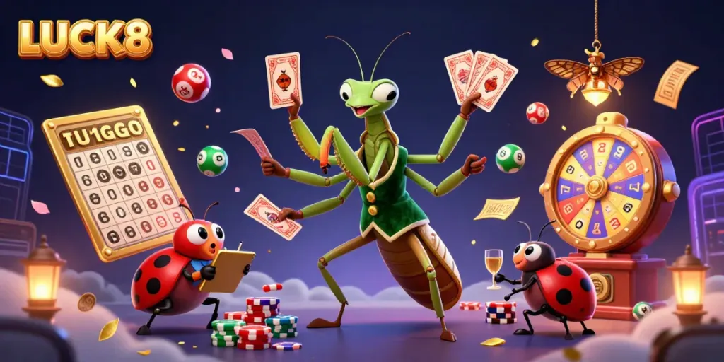 Engage with LUCK8 in a vibrant and dynamic casino scene featuring a giant praying mantis sharp and lively game elements.