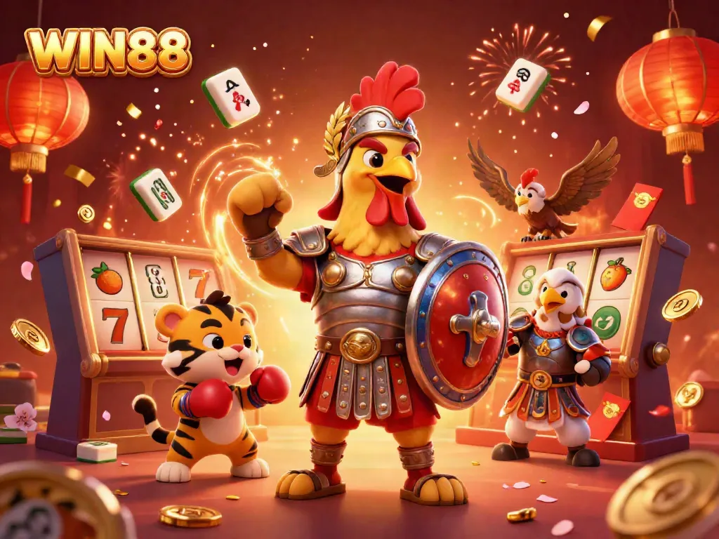 Experience the excitement of WIN88 in a vibrant casino scene with a gladiator rooster and dynamic elements.