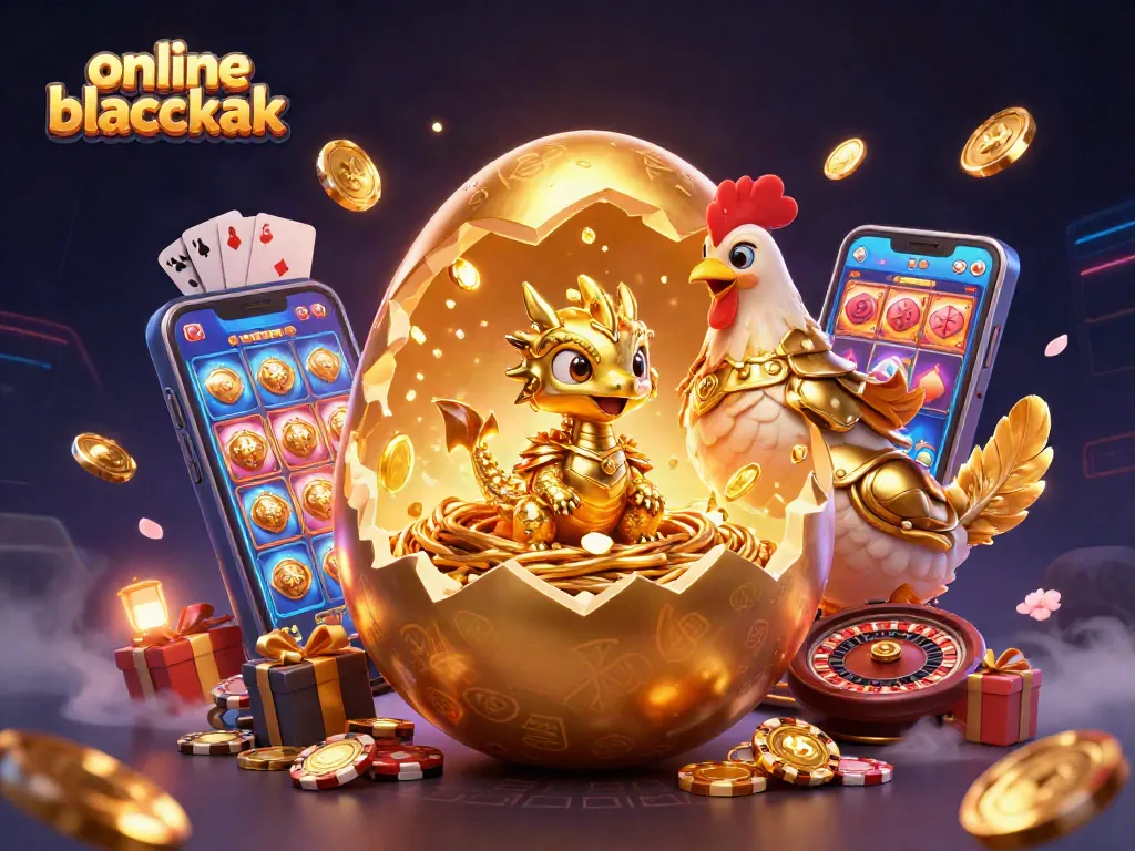 Experience thrilling online blackjack action with a golden dragon and poker chips in this vibrant illustration.