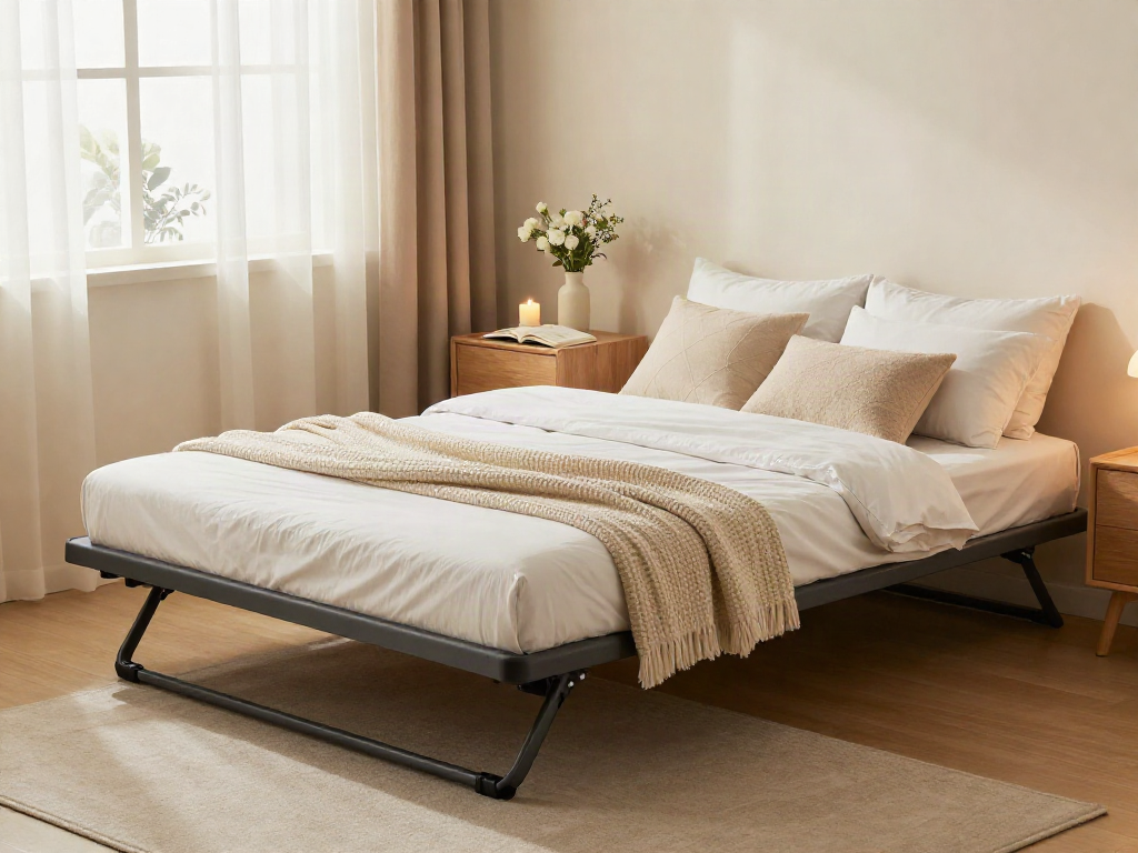 Inviting folding bed set in a cozy bedroom, styled with plush pillows and warm decor.