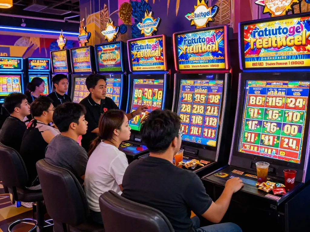 Pengunjung menikmati permainan lotere ratutogel di aula permainan yang meriah.