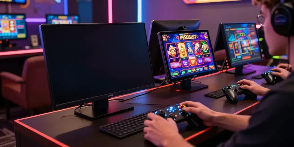 PESGSLOT showcasing a player engaged in thrilling slot games in a vibrant gaming environment.