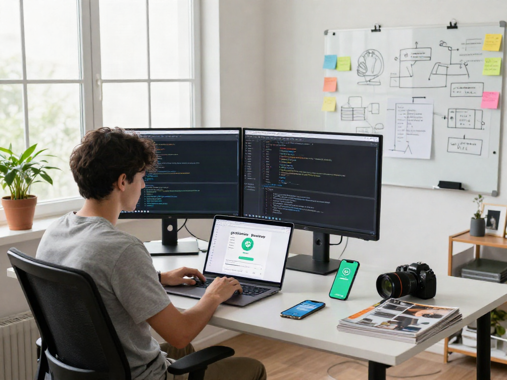 Software engineer coding gb whatsapp app in modern workspace, showcasing productivity and innovation.