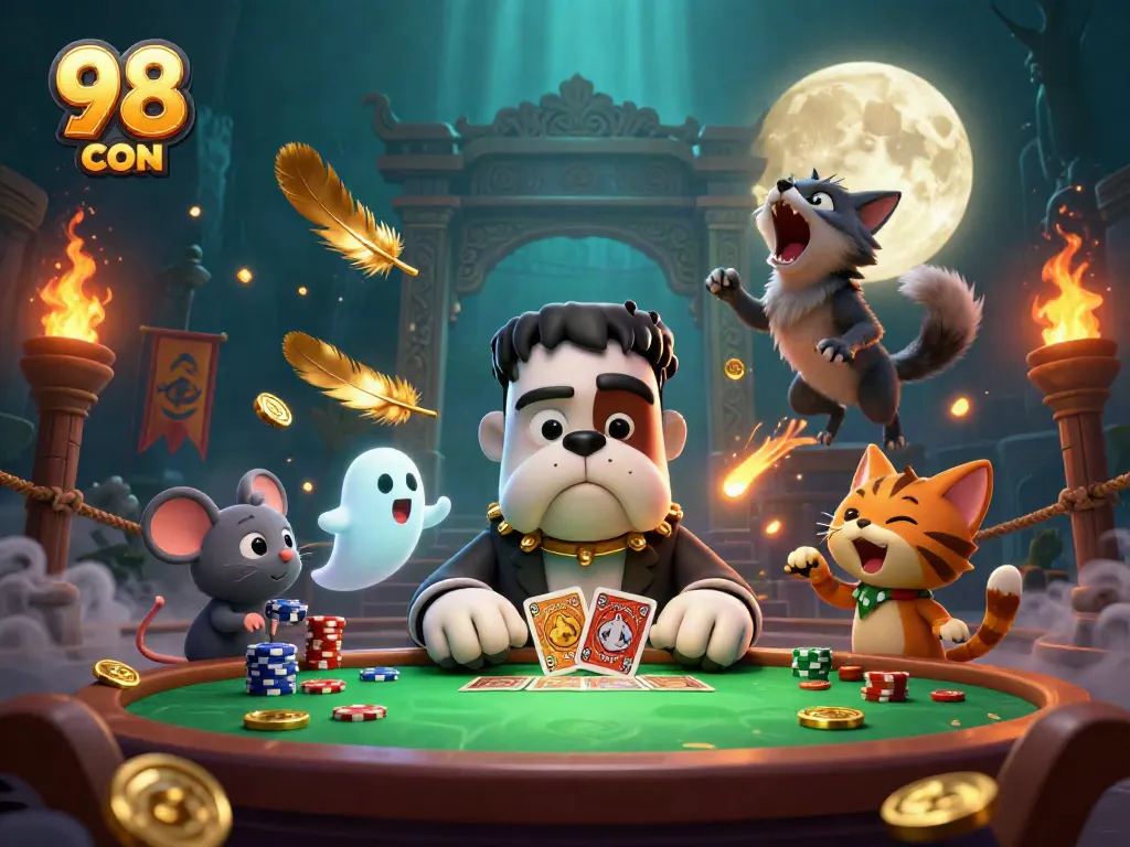 Engage in thrilling card games at 98 WIN COM's spooky casino with unique characters.