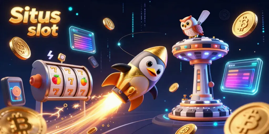 Experience the thrill of Situs slot with a 3D penguin blazingly navigating toward a casino space station.