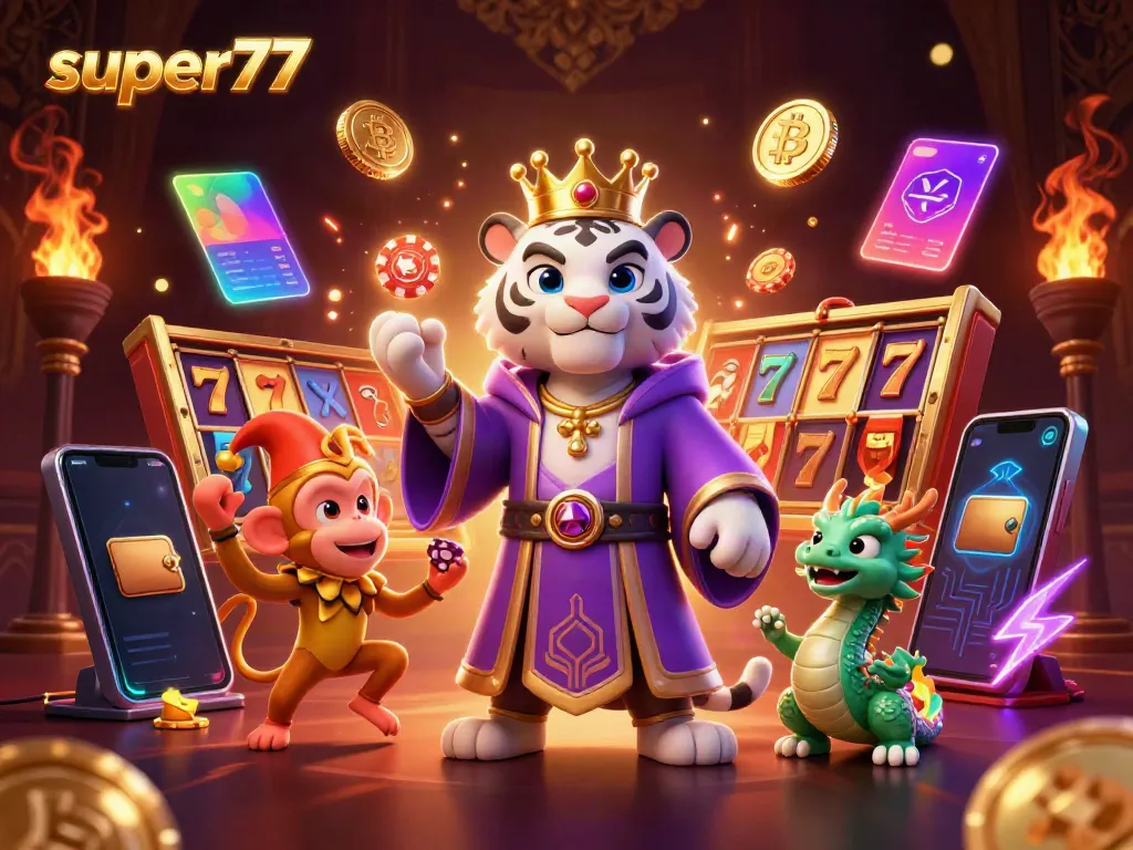 Experience thrilling moments with super77 as a majestic tiger, playful monkey, and jade dragon illuminate vibrant slot elements.