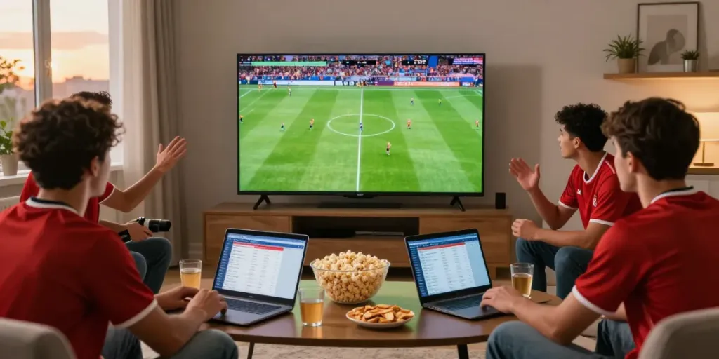 Fans enjoying live football match analysis on tebakskor889.org in a cozy setting.