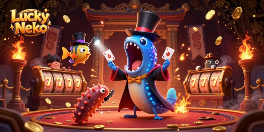 Engage with the Lucky Neko as bioluminescent characters perform dynamic card tricks in an exciting casino scene.