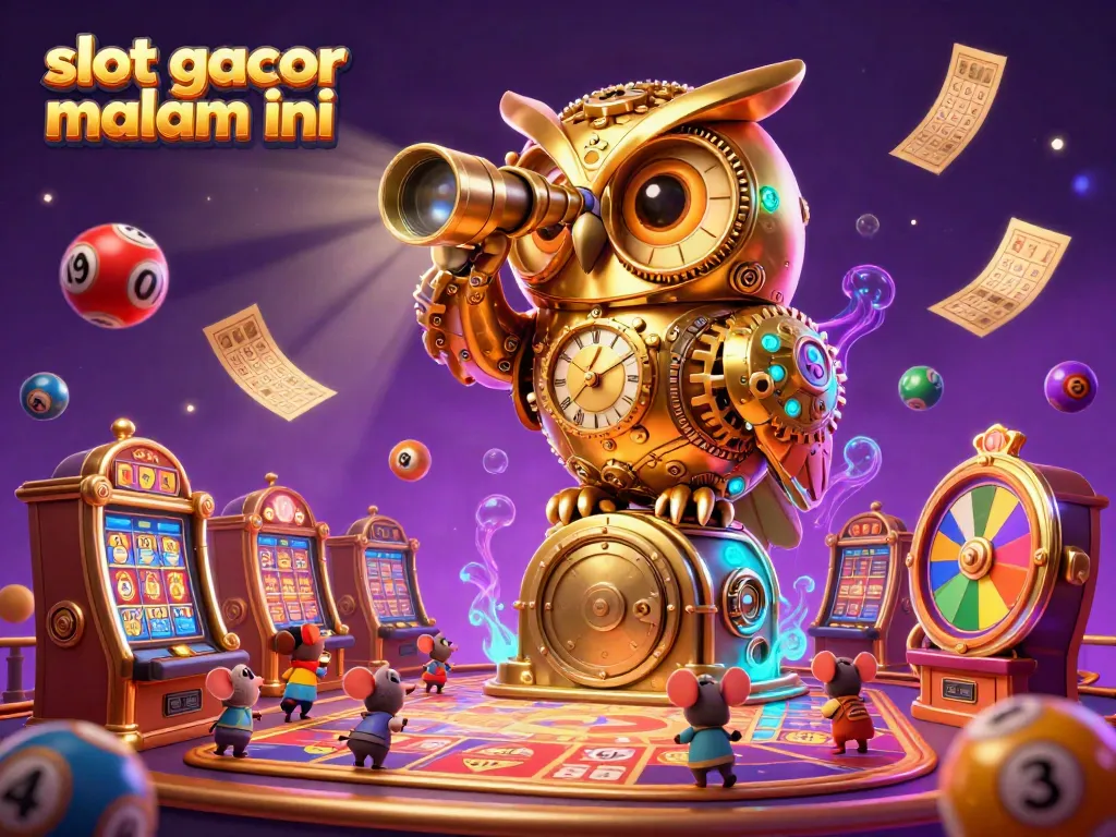 Engage with slot gacor malam ini featuring a clockwork owl overseeing a lively casino floor filled with dynamic game elements.
