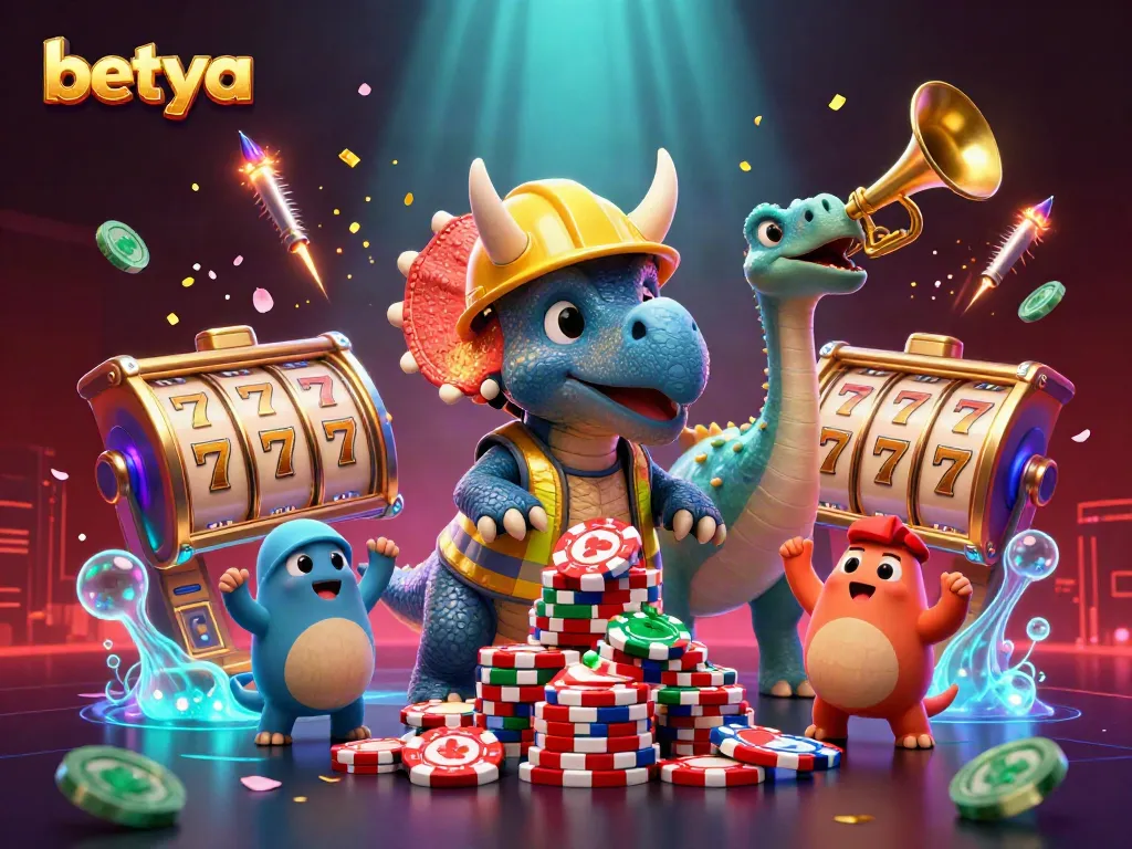 Engage with thrilling slot games at Betya, highlighted by a vibrant 3D casino celebration scene.