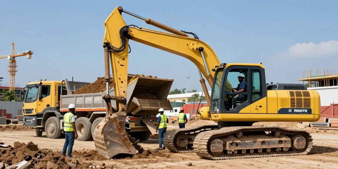 Panafrican Equipment showcased at a busy construction site, highlighting skilled operators using Komatsu machinery.