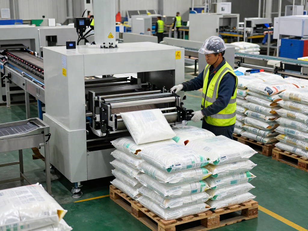 Automatic bag palletizer machine efficiently stacking bags in a busy manufacturing facility.