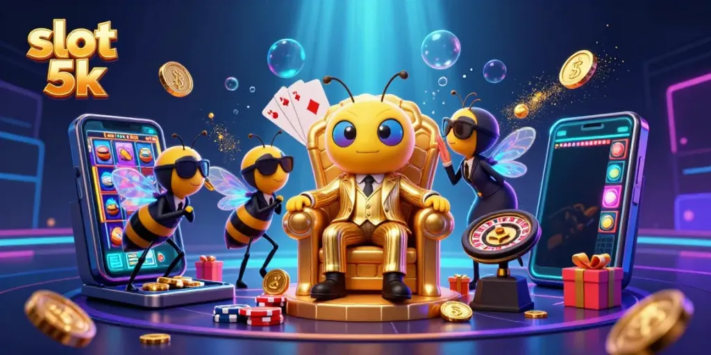 Experience the thrill of slot 5k with a colorful, dynamic illustration featuring a bumblebee mob boss and casino elements.