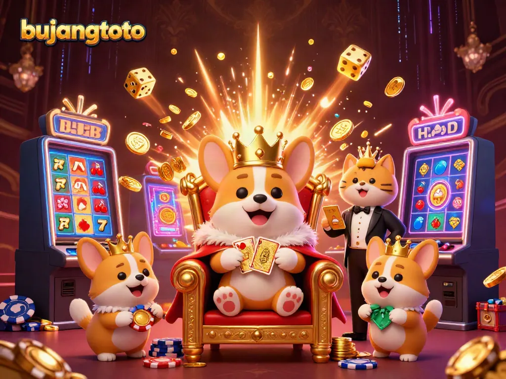 Bujangtoto brings together a royal corgi surrounded by vibrant casino games, showcasing excitement and elegance.