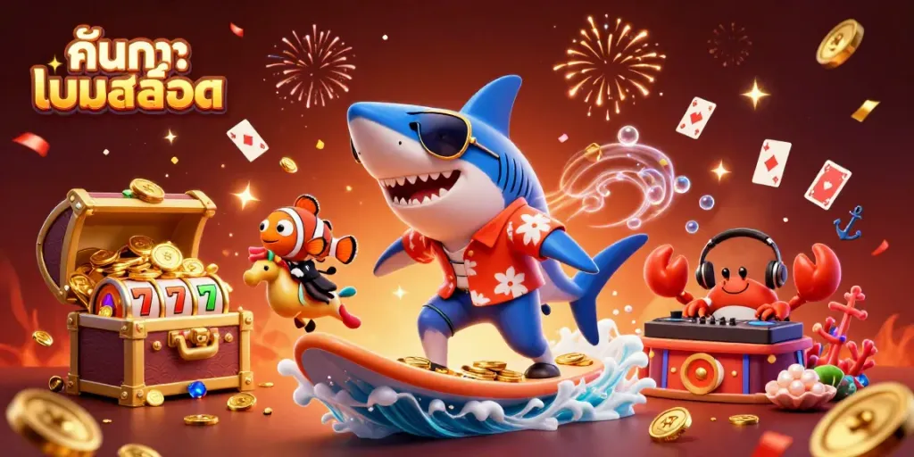 Engage in ค้นหาเกมสล็อต with exciting 3D illustration involving a hammer-head shark, clownfish, and crab in an immersive casino setting.