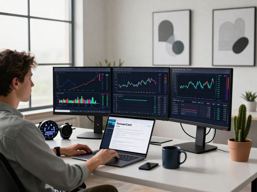 Focused individual monitoring Tornado Cash metrics in a modern tech workspace for optimal privacy strategies.